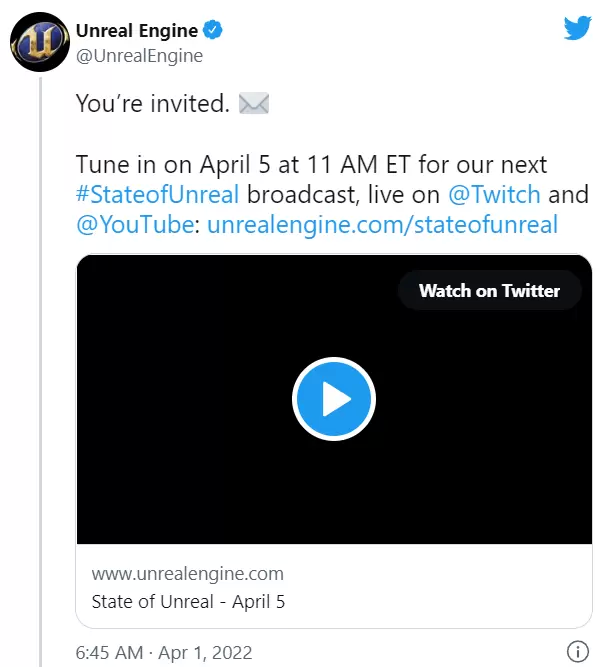 Epic宣布虚幻引擎5将发布重大消息，4月5日晚见
