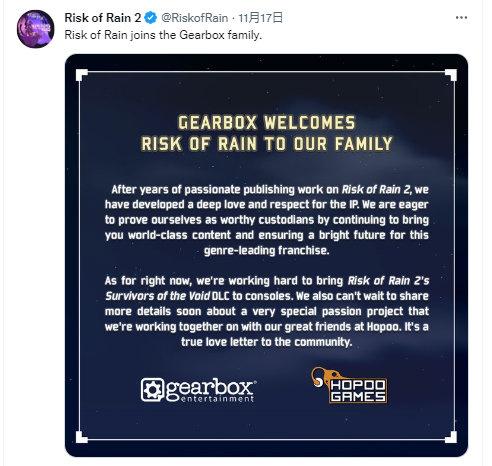 《无主之地》开发商Gearbox收购《雨中冒险》IP